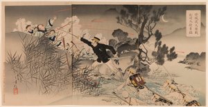 La valentía del capitán Matsuzaki durante la gran batalla feroz en el cruce de Anseong Anjōto daigekisen Matsuzaki taii yūmō de Mizuno Toshikata