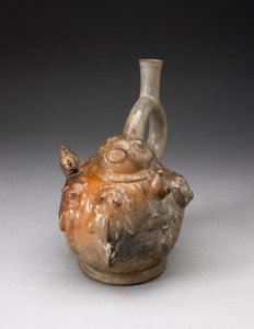 Vasija de pico de estribo con relieve que representa una escena de pesca, 100 a.C.-500 d.C. de Moche