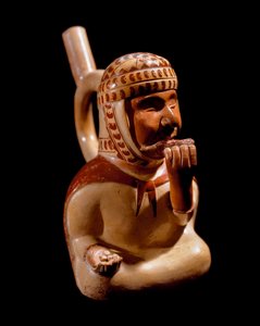 Arte precolombino, civilización Mochica: jarrón antropomorfo representando a un mendigo ciego tocando un instrumento musical de Moche Moche