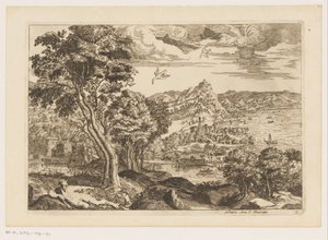 Paisaje costero con pájaros voladores. Paisajes después de Tiziano (título de la serie) de Moise Jean Baptiste Fouard