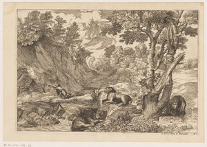 Paisaje con el penitente Jerónimo y tres leones descansando Paisajes después de Tiziano (título de la serie) de Moise Jean Baptiste Fouard