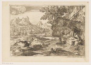Paisaje con San Jerónimo con dos leones peleando Paisajes después de Tiziano (título de la serie) de Moise Jean Baptiste Fouard