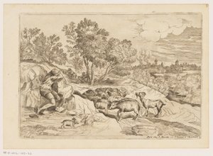 Paisaje con tres pastores descansando con un rebaño Paisajes después de Tiziano (título de la serie) de Moise Jean Baptiste Fouard