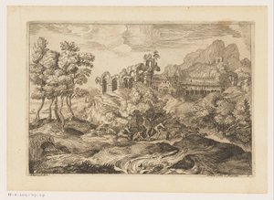 paisaje con pastores con un rebaño en una ruina Paisajes después de Tiziano (título de la serie) de Moise Jean Baptiste Fouard