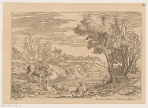 Paisaje con un hombre con un caballo cruzando un río Paisajes después de Tiziano (título de la serie)