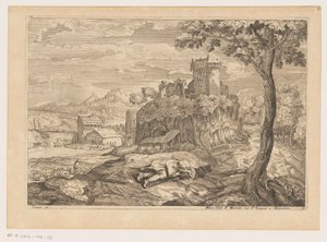 Paisaje con un pastor descansando, al fondo un río con puente y molino de agua Paisajes después de Tiziano (título de la serie) de Moise Jean Baptiste Fouard