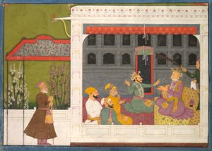 Shispul discutiendo con el padre de Rukmini, Bhishmaka, página de una serie de Rukmini Mangal, c. 1800