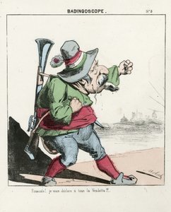 Hoja voladora, número 5, satírica en colores, alrededor de 1870: Badingoscope - Comuna de París/Guerra/Asedio, Hunt, Presidente de la República - Napoleón III - Ilustración de Moloch (1849-1909) de Moloch