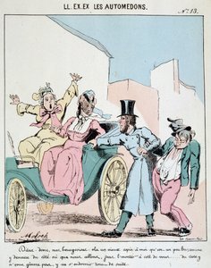 HE. EX. EX. Motoredons: Caricatura del transporte en la ciudad. Un cochero lleva a un amigo borracho en el carruaje junto a dos mujeres burguesas horrorizadas. Dibujo de Moloch (1849-1909), alrededor de 1860. de Moloch
