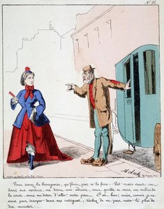 HE. EX. EX. Motoredons: Caricatura del transporte en la ciudad. El cochero reprende a una burguesa que va al parque mientras su esposo pidió al conductor que la llevara a otro lugar. Dibujo de Moloch (1849-1909), alrededor de 1860.