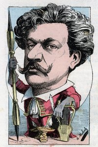 Retrato de Louis Alexandre Gosset de Guines llamado Andre Gill (1840-1885) poeta y pintor francés en “Le Trombinoscope” por Touchatout, caricatura por B. Moloch de 1882 (1849-1909). Colección privada de Moloch