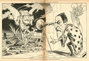La imagen de la risa, número 4, circa 1897_11_13 - Ilustración de Alphonse Hector Columbus, conocido como B. Moloch o Moloch (1849-1909): Un ángel desconocido - Asunto Dreyfus, Isla del Diablo - Dreyfus Alfred, Scherer-Kestner Auguste de Moloch