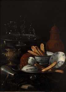 Naturaleza muerta con azul y porcelana y tostada de Monari