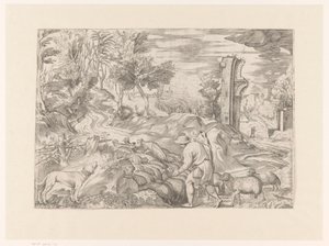 Paisaje con pastor y rebaño de ovejas. de Monogrammist DB (etser 16de eeuw)