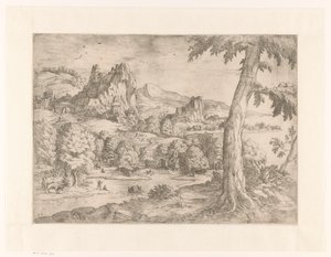 Paisaje panorámico con árbol grande de Monogrammist DB (etser 16de eeuw)