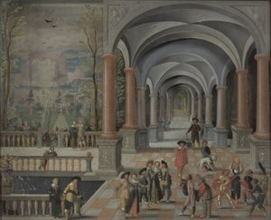 Reunión festiva y figuras de una Commedia dell