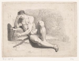 Hombre desnudo sentado con brújula de Monogrammist FML (prentmaker)