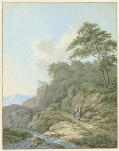 Paisaje con mujer y niño en la carretera