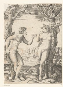 Caída de Adán y Eva en el árbol del conocimiento del bien y del mal con serpiente