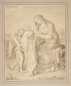 La Virgen María adorando al Niño Jesús, llevado por dos ángeles de Monogrammist OSt