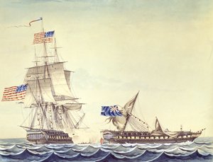 Enfrentamiento naval entre la fragata estadounidense Constitution y la fragata H.M. Java (acuarela sobre papel) de Montardier Montardier