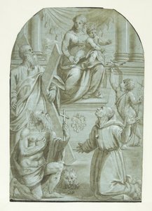 María con el niño Jesús en el trono, rodeada por el apóstol Andrés, Juan el Bautista como niño, San Jerónimo y San Francisco de Asís