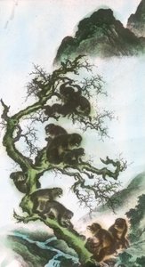 Monos en una extremidad- Pintura del siglo XVII de Sosen de Mori Sosen