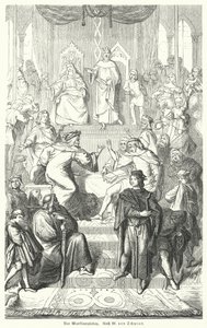 El Sangerkrieg, un concurso entre juglares en el castillo de Wartburg en Turingia en 1207 (grabado) de Moritz Ludwig von (after) Schwind