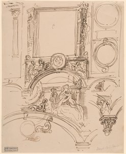 Detalles arquitectónicos para una decoración mural con la emperatriz María Teresa abrazando al joven Wolfgang Amadeus Mozart, c.1864 (pluma y tinta) de Moritz Ludwig von Schwind