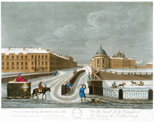 Vista del Canal de Fontanka y los Cuarteles, ilustración para noviembre de Un Año en San Petersburgo grabado por John H. Clark, coloreado por M. Dubourg. pub. 1815 en Londres por Edward Orme de Mornay