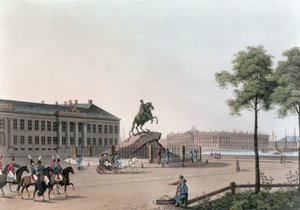 Vista de la Plaza de Pedro el Grande y la Casa del Senado en San Petersburgo, ilustración para mayo de 
