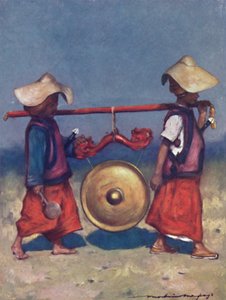 Retenedores Shan llevando un gong de bronce
