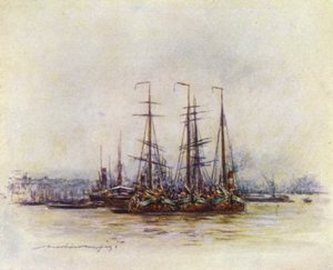 Barcazas holandesas cerca de la torre de Mortimer Ludington Menpes