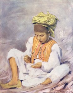 Niños del mundo: India, Enhebrar cuentas (litografía en color) de Mortimer Ludington Menpes