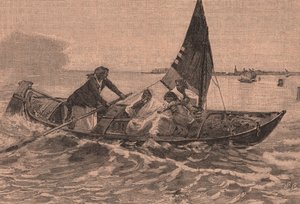Cruzando la laguna, pintura de Mose Bianchi (1836-1892), Chioggia, Véneto, Italia, xilografía de Le cento citta d