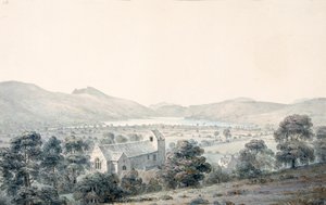 Vista de Bala Pool, Llyntagit, desde arriba de la iglesia de Llanfawr, Meirionethshire de Moses Griffith