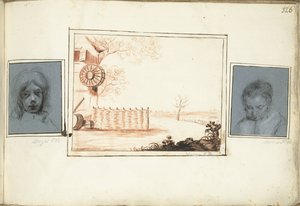 Cabeza de niño, corral y retrato de mujer.
