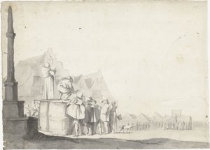 Plaza del mercado con locutor en un barril de Moses ter Borch (possibly)