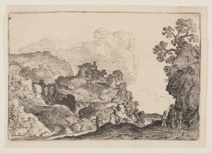 Paisaje rocoso con tres viajeros de Moses van Uyttenbroeck