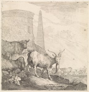 Cabras y vacas junto a una torre redonda con un obelisco Animales de cuatro patas (título de la serie)