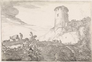 paisaje con torre redonda Paisajes arcádicos (título de la serie) de Moyses van Wtenbrouck