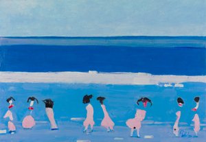 Figuras rosas, playa azul