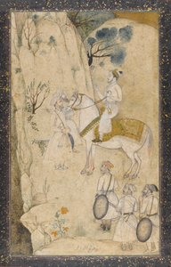 Un príncipe a caballo, con cinco asistentes, observando una cascada de Mughal School
