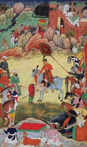 Adham Khan rindiendo homenaje a Akbar en Sarangpur, India Central, en 1560 o 1561, del Akbarnama, 1590-98 de Mughal School