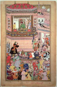Akbar dando una audiencia, por Husays Naggash y Kesu, del "Akbarnama", mogol, c.1590 de Mughal School
