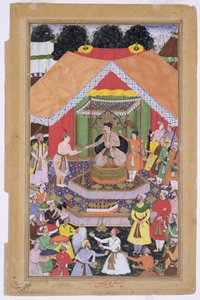 El emperador Akbar entretenido por su hermano de crianza Azim Khan en Dipalpur, Punjab, 1571, del Akbarnama hecho por Abul Fazi, 1590-98 de Mughal School