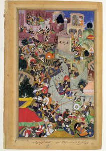 El emperador Akbar dispara a Saimal en el asedio de Chitov en 1567, del Akbarnama hecho por Abul Fazi, 1590-98 de Mughal School