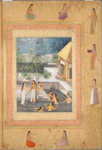 Escena de baño nocturno en el harén (recto): Caligrafía enmarcada por un borde ornamental de flores y pájaros (verso) de Mughal School