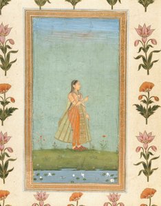 Dama sosteniendo una flor, de pie junto a un estanque de lirios, del Pequeño Álbum Clive de Mughal School