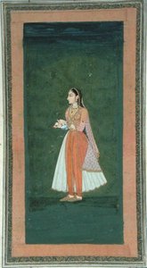 Dama sosteniendo una jarra de vino y una copa, del Pequeño Álbum Clive de Mughal School